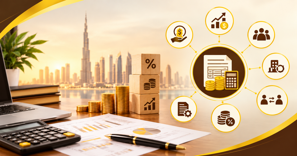 UAE Corporate Taxable Income Calculation Steps illustrated through accounting records, tax adjustments, eligible deductions, and corporate tax compliance for businesses.