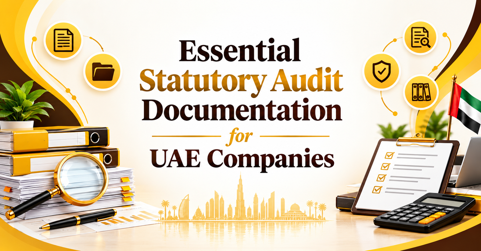 UAE Company Statutory Audit Compliance Checklist featuring essential audit documents, financial records, audit files, compliance checklist, and UAE business audit requirements.