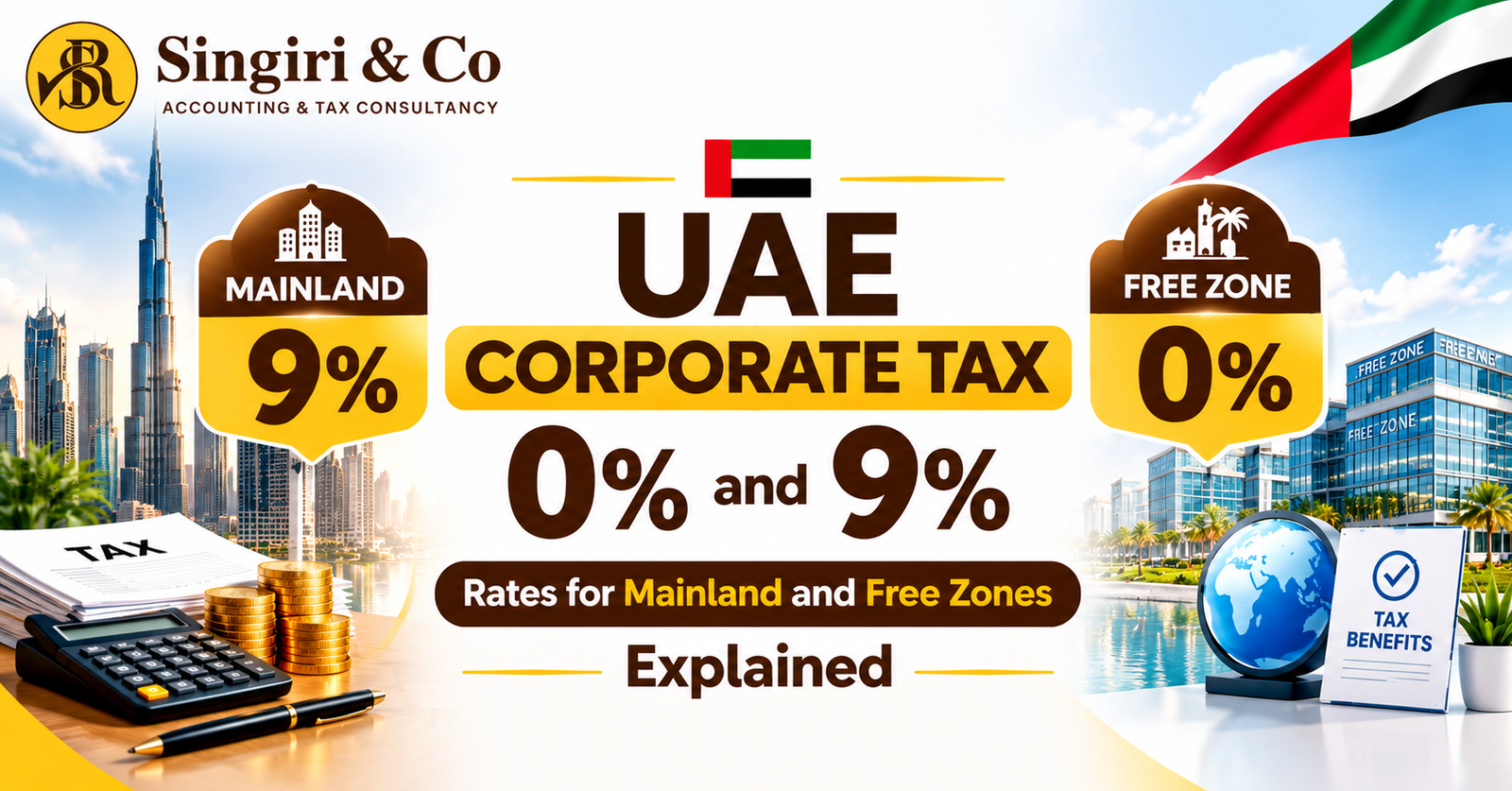 UAE Corporate Tax 0% and 9% Rates for Businesses, including tax treatment for mainland companies and qualifying free zone persons.