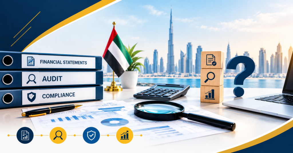 Business audit concept showing UAE Free Zone Audit Requirements for Businesses with financial documents, reporting obligations, compliance, and records.