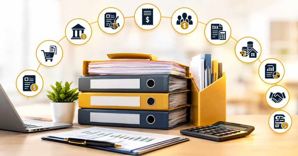 Accounting Standards Applicable to UAE Businesses, featuring financial records, bookkeeping documents, tax files, audit reports, and compliance icons for UAE companies