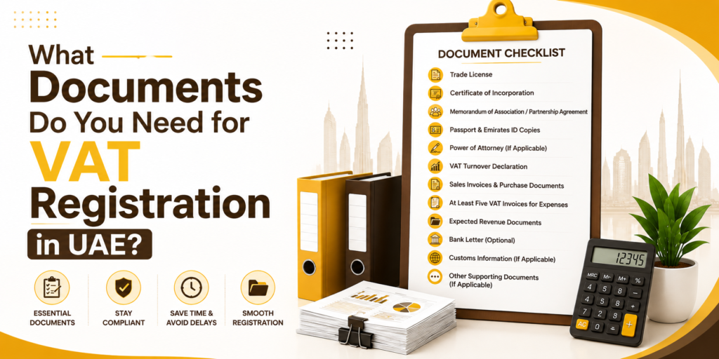Documents Required for VAT Registration in UAE, including trade license, Emirates ID, invoices, financial records, and FTA supporting documents.