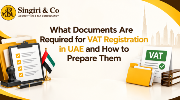 Documents required for VAT registration in UAE, featuring a VAT checklist, business documents, UAE flag, and Singiri & Co branding.