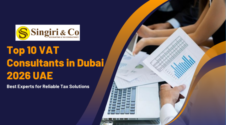 Top 10 VAT Consultants in Dubai 2026 UAE business professionals discussing financial documents with Dubai skyline background