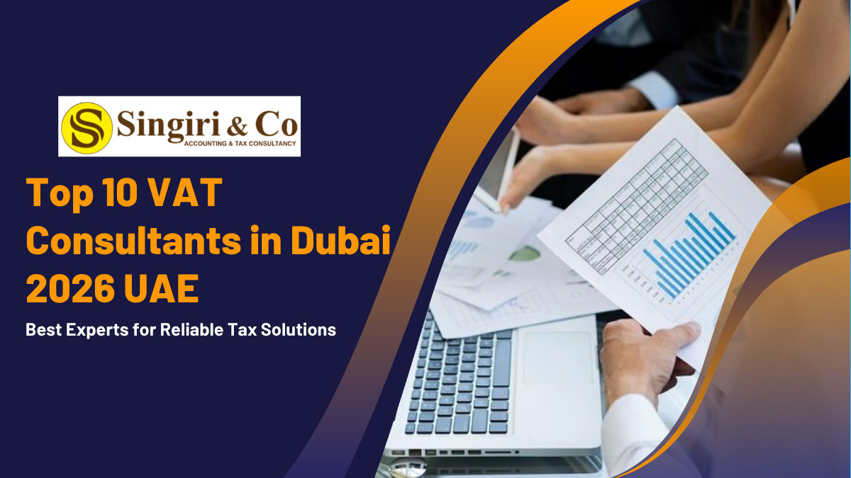Top 10 VAT Consultants in Dubai 2026 UAE business professionals discussing financial documents with Dubai skyline background