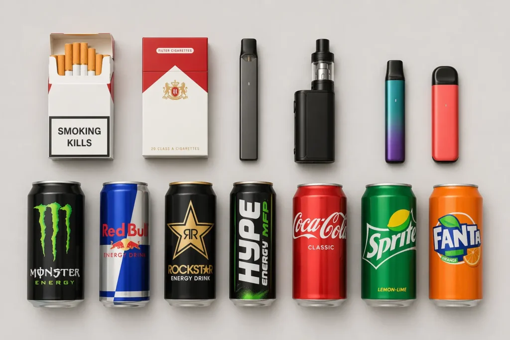 Clean flat lay of excise taxable products including cigarettes, vape devices, energy drinks, and soda cans arranged on a neutral background