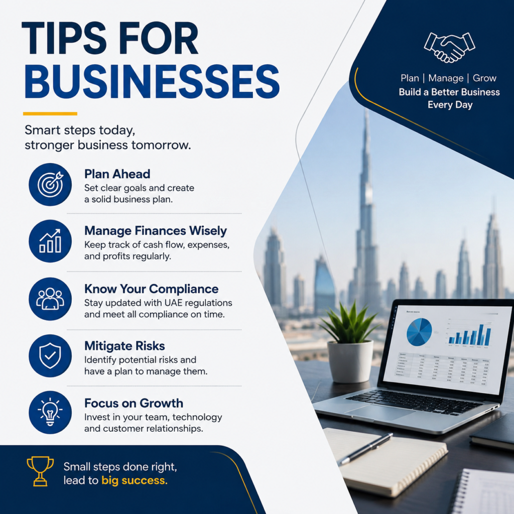 Business tips for growth infographic showing planning, finance management, compliance, risk management, and business success strategies.