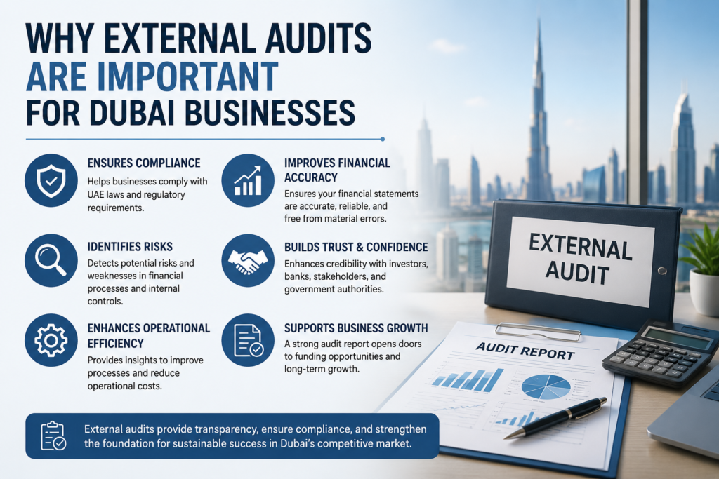 External Audit Services in Dubai help businesses ensure compliance, financial accuracy, risk management, transparency, and sustainable business growth.