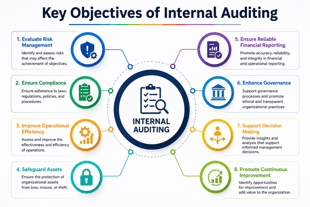 Key Objectives of Internal Auditing  Internal Auditing Services infographic covering compliance, risk management, governance, and financial reporting in Dubai UAE