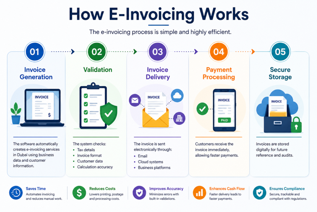 E-Invoicing in Dubai simplifies billing with automated invoice generation, validation, digital delivery, faster payments, and secure storage.