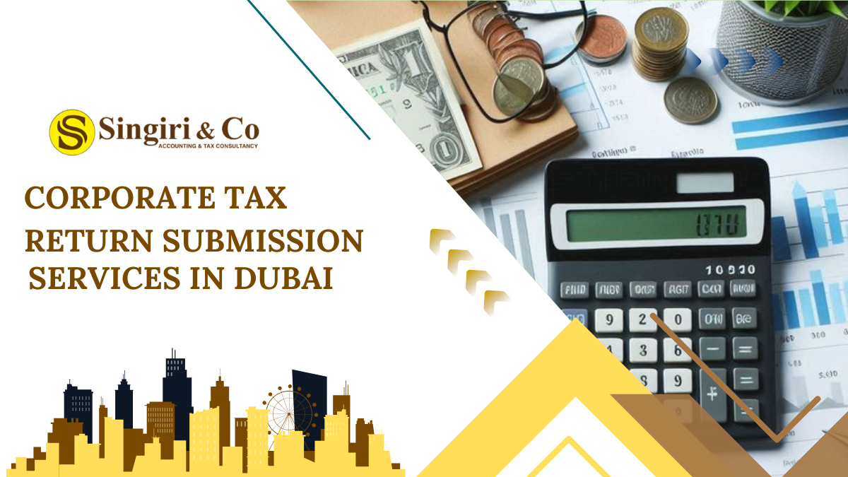 Corporate Tax Return Submission Services in Dubai showing tax filing process, financial reports, and compliance checklist.