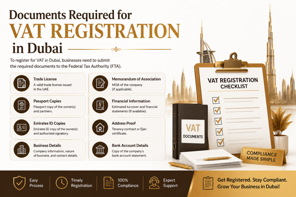 Documents required for VAT Registration and Filing in Dubai, including trade license, Emirates ID, passport, and business details