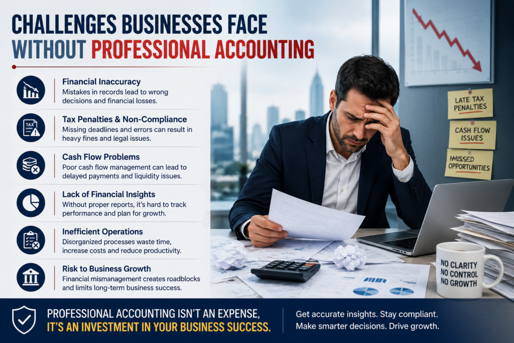 Business owner struggling with financial records, tax penalties, cash flow issues, and compliance challenges due to lack of professional accounting services