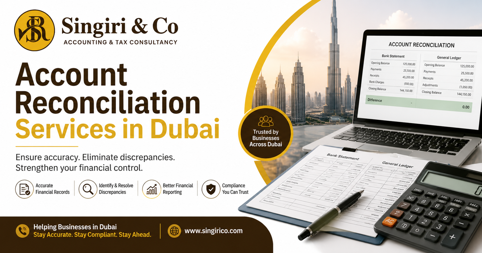 Account Reconciliation Services in Dubai by Singiri & Co, providing accurate financial reconciliation, error detection, compliance, and reliable bookkeeping support