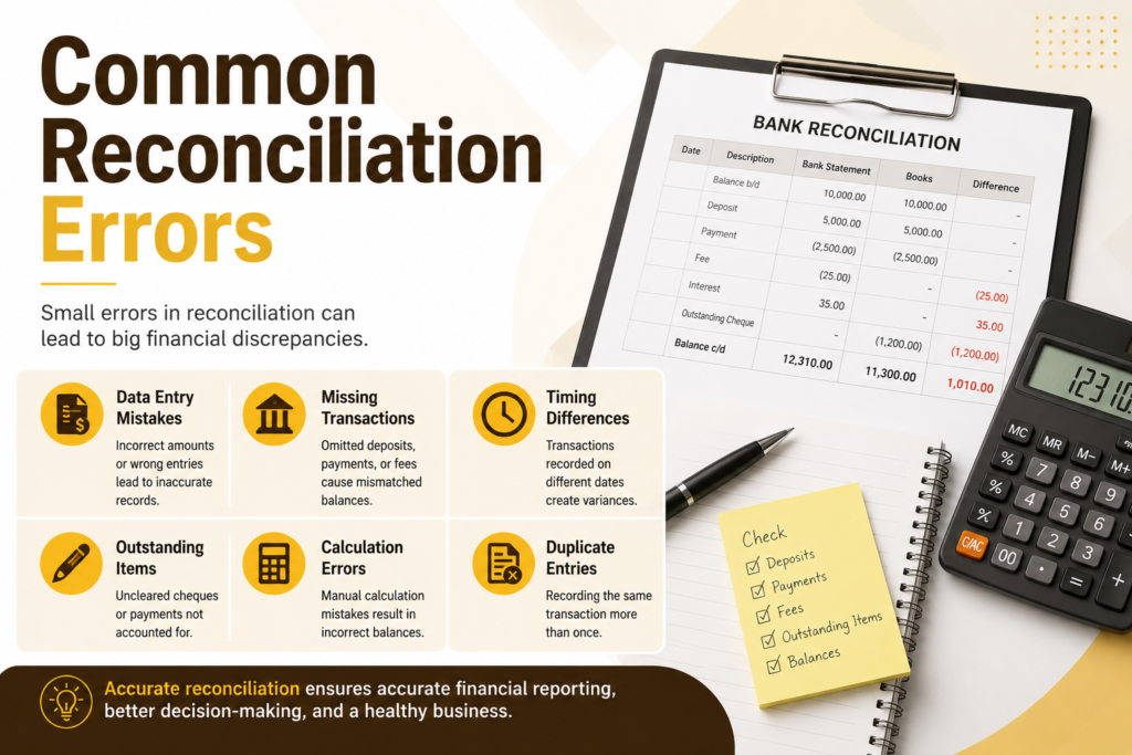 Financial accounting infographic on Common Reconciliation Errors with reconciliation checklist, bank statement, and bookkeeping accuracy tips