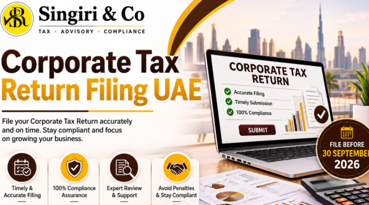 Corporate Tax Return Filing UAE banner by Singiri & Co featuring expert tax filing services, UAE compliance, timely submission, and penalty-free filing