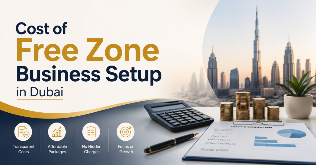 Cost of Free Zone Business Setup in Dubai – modern business setup banner featuring Dubai skyline, calculator, coins, and financial planning elements for UAE company formation