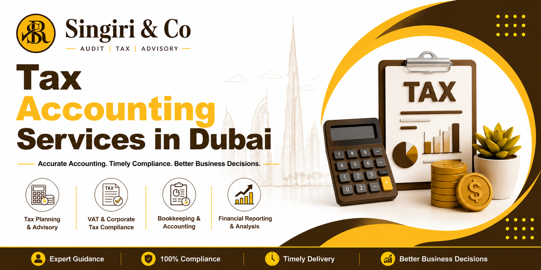 Professional Tax Accounting Services in Dubai by Singiri & Co featuring VAT, Corporate Tax, bookkeeping, financial reporting, and tax compliance solutions for UAE businesses.