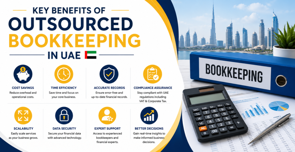 Benefits of outsourced bookkeeping for businesses in UAE, including cost savings, accuracy, compliance, security, scalability, and expert support.