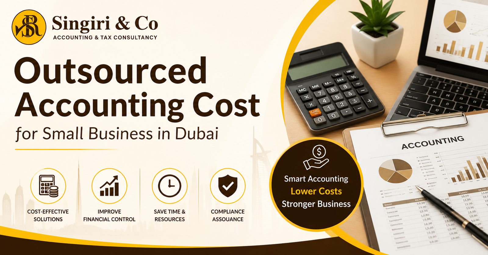 Outsourced accounting cost for small business in Dubai, covering bookkeeping, tax, payroll, reporting, and professional financial suppor