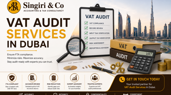 VAT Audit Services in Dubai by Singiri & Co featuring FTA compliance, VAT audit checklist, Dubai skyline, financial review tools, and expert tax consultancy.