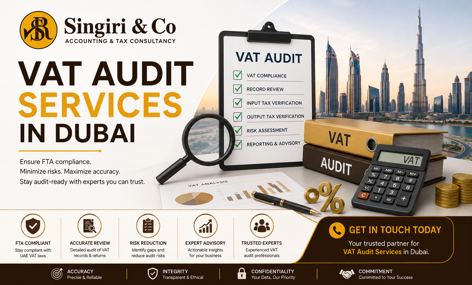VAT Audit Services in Dubai by Singiri & Co featuring FTA compliance, VAT audit checklist, Dubai skyline, financial review tools, and expert tax consultancy.