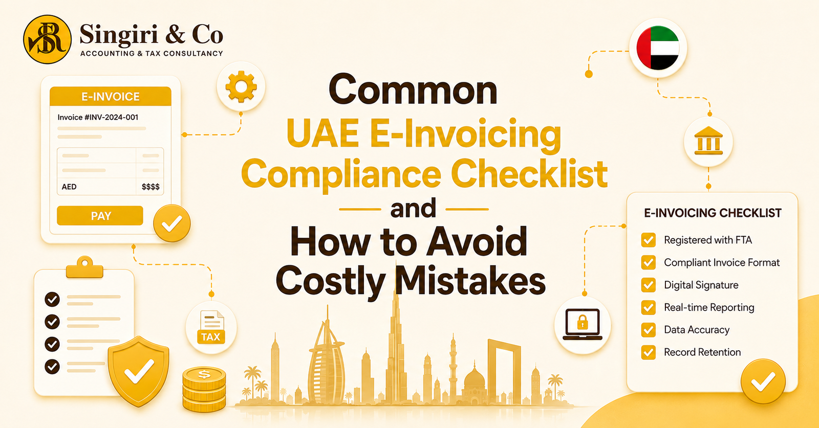 Digital invoicing for UAE businesses with UAE E-Invoicing Compliance Checklist covering tax records, system integration, accuracy, and compliance