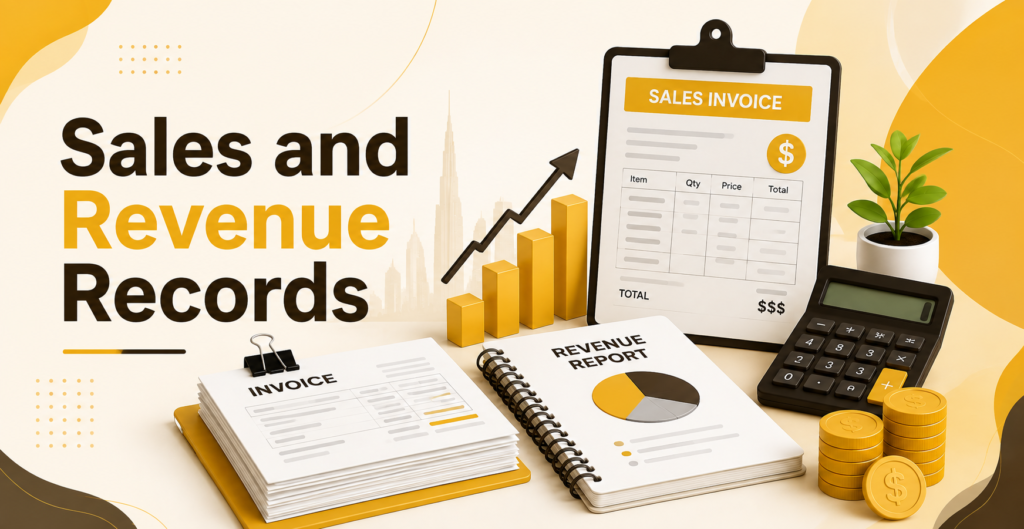 Documents to keep for VAT compliance in UAE, including tax invoices, receipts, VAT returns, credit notes, bank statements, and financial records.
