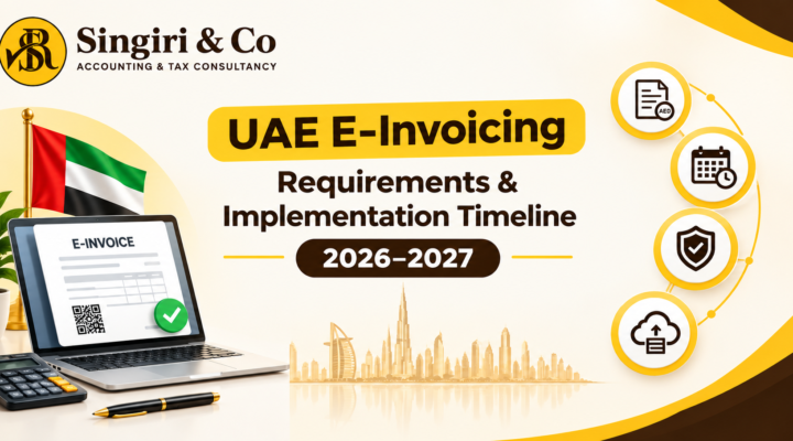 UAE E-Invoicing Timeline 2026-2027 Key Deadlines showing digital invoicing, accounting integration, error reduction, and financial data management.