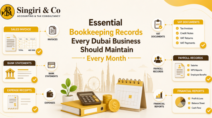 Alt Text: Dubai businesses organizing documents to keep for VAT compliance in UAE, including invoices, VAT records, receipts, and financial documents