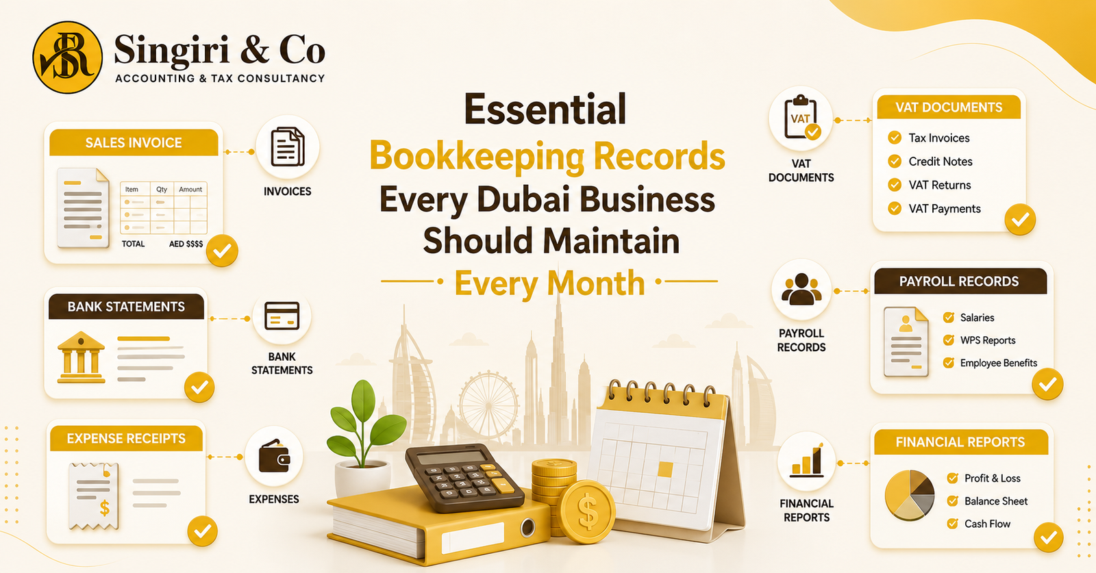 Alt Text: Dubai businesses organizing documents to keep for VAT compliance in UAE, including invoices, VAT records, receipts, and financial documents