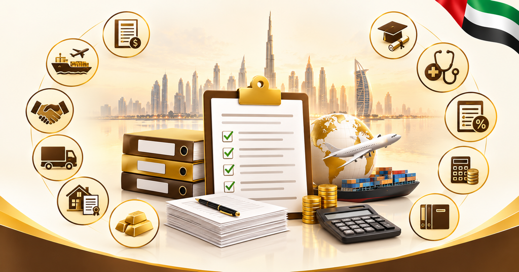 Which Goods Qualify for Zero-Rated VAT in UAE, featuring VAT documents, accounting symbols, and Dubai tax compliance guidance for businesses
