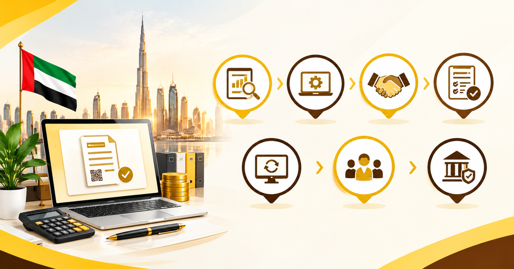 UAE eInvoicing AED 50 Million Threshold Explained with digital invoicing systems accounting software compliance steps and Dubai skyline