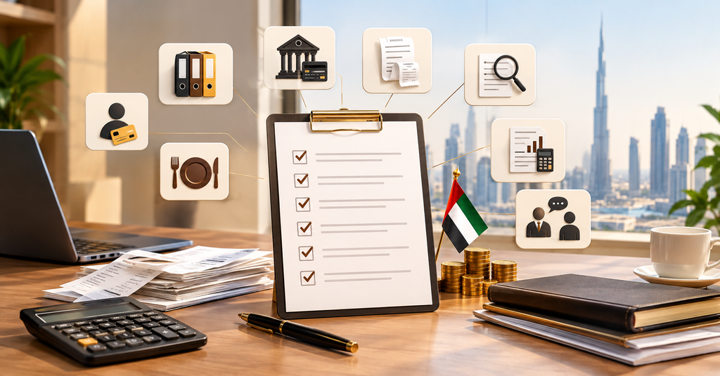 UAE Corporate Tax Deductible and Non-Deductible Expenses compliance illustration featuring financial records, invoices, receipts, expense tracking, and accounting documents for businesses in Dubai.