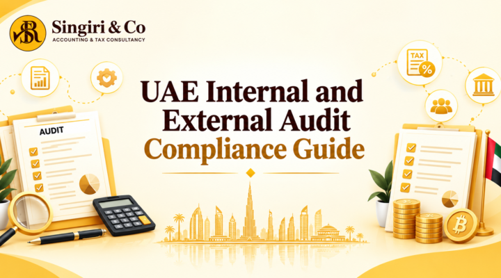 UAE Internal and External Audit Compliance Guide featuring audit checklists, financial reports, accounting tools, and Dubai skyline by Singiri & Co for businesses.