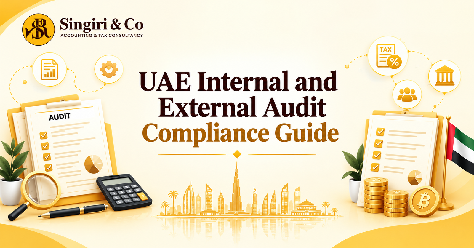 UAE Internal and External Audit Compliance Guide featuring audit checklists, financial reports, accounting tools, and Dubai skyline by Singiri & Co for businesses.