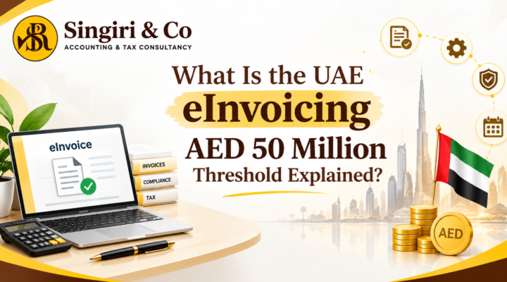 UAE eInvoicing AED 50 Million Threshold Explained with digital invoicing visuals compliance icons and Dubai skyline for UAE businesses